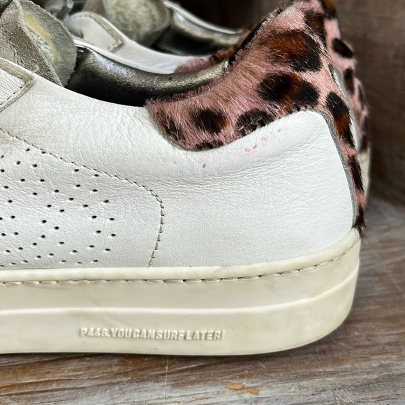 🤍 P448 White Leather Leopard Sneakers Size 39 Suede Toe Platform - Picture 11 of 12